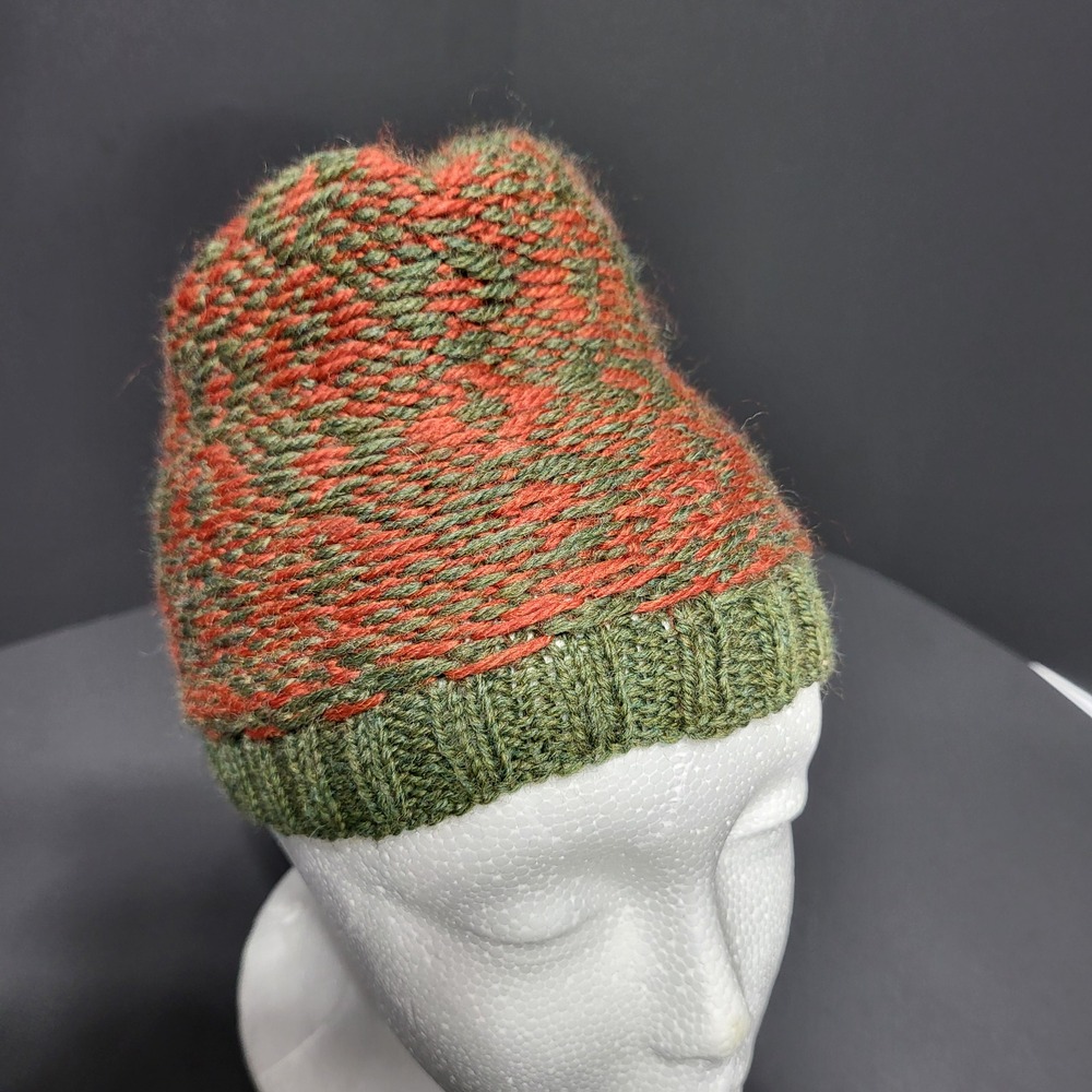 Kids Knit Beanie Hat Green Rust Geometric Pattern Winter Warm‎